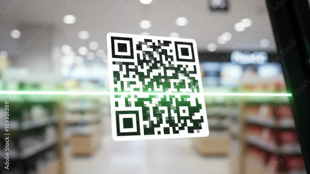 Aufkleber qr code scan with green laser in retail store environment enabling digital payment and quick access 