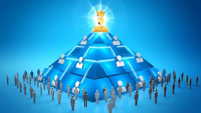 Hierarchical pyramid glowing blue structure with crowned figure at peak symbolizing leadership and organizational business structure featuring animated pyramid hierarchy with CEO and workers at base