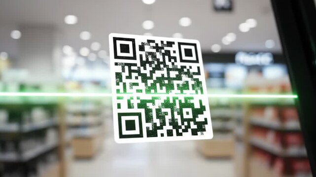 QR code scan with green laser in retail store environment enabling digital payment and quick access using barcode technology for modern shopping convenience and efficient technology interaction