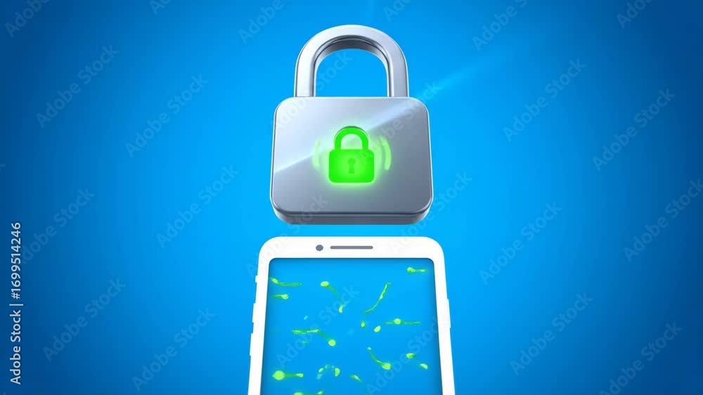 Poster mobile security lock concept with silver and green glowing icon above smartphone screen, digital pro