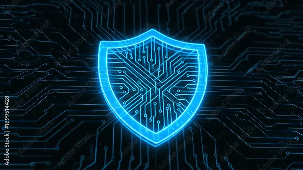 Poster glowing blue digital shield icon with circuit lines on dark background symbolizing advanced technolo
