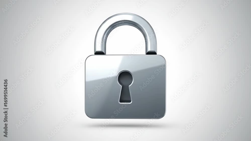 Poster padlock icon with metallic finish and keyhole symbol combined with shiny metallic shield icon featur