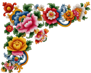 Floral pattern corner design, colorful flower arrangement, decorative border with ornate leaves, vibrant petals, elegant traditional style, joyful and artistic