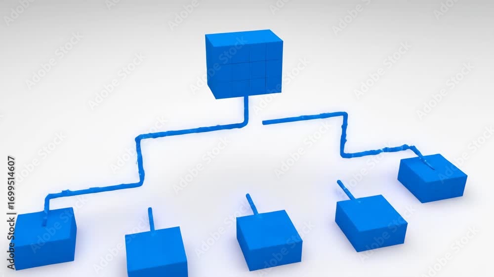 Poster hierarchical structure with blue block connections and pipe network flow, abstract organization feat