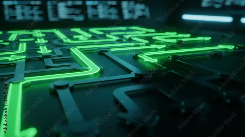 Aufkleber neon green glowing arrows on dark circuit board create futuristic automation integration chart with 