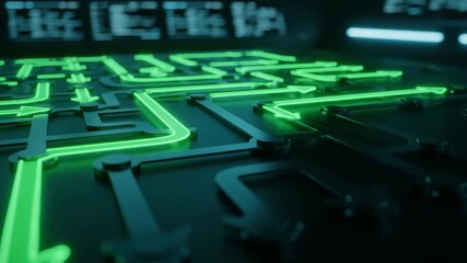Neon green glowing arrows on dark circuit board create futuristic automation integration chart with illuminated technology design and looping pathways symbolizing advanced flow - Powered by Adobe