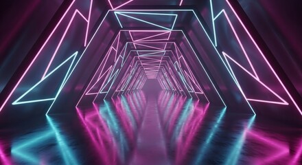 Futuristic Neon Tunnel with Glowing Lights - Abstract 3D Render