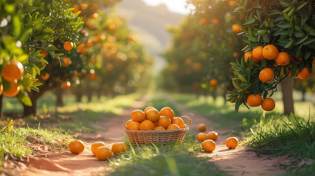 A woven basket filled with oranges sitting on a path in a sunlit orange grove, with more oranges scattered on the ground.