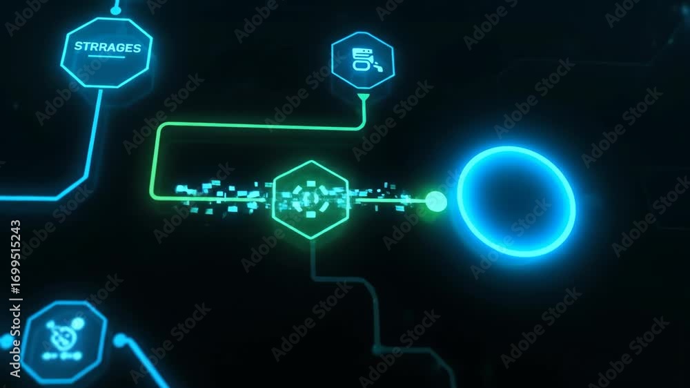 Aufkleber automation pipeline diagram looping with smooth digital transitions, glowing neon lines and futurist