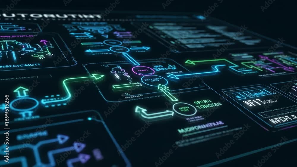 Poster automation integration chart neon glowing arrows technology digital interface futuristic schematic f