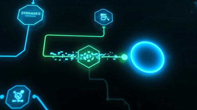 Automation pipeline diagram looping with smooth digital transitions, glowing neon lines and futuristic data flow visualization showing interconnected nodes blue and green technology schematic circuit