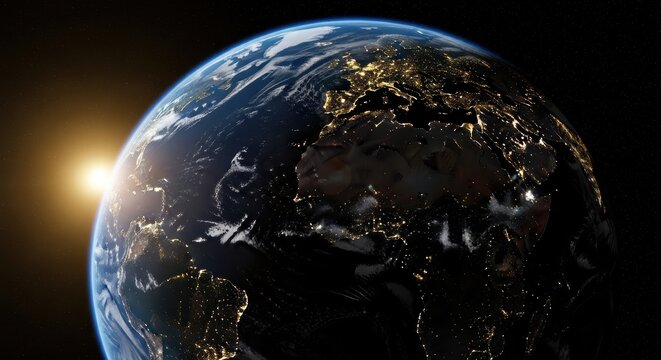 Earth at Night: Illuminated Continents and City Lights from Space, Sunrise View
