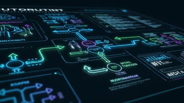 Automation integration chart neon glowing arrows technology digital interface futuristic schematic flow diagram looping process flow system connections vibrant colors visualization control network