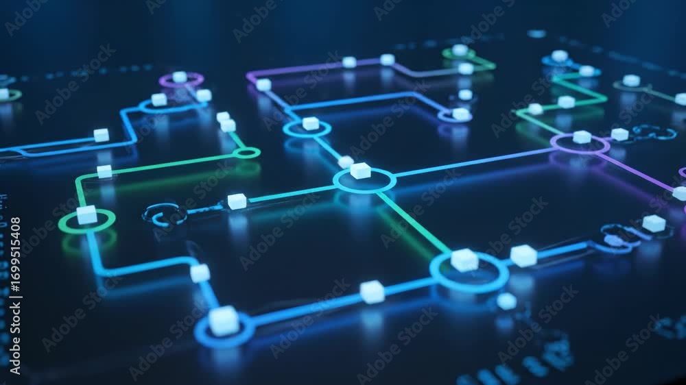 Poster automation pipeline diagram looping with smooth digital transitions glowing blue and green dark back