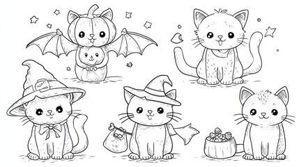 Line art illustrations of cute cats in various Halloween costumes