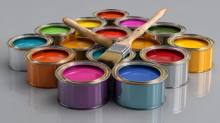 Collection of open paint cans with glossy colorful paints, brush balanced on top, smooth reflections, photorealistic 3D render, isolated on neutral background