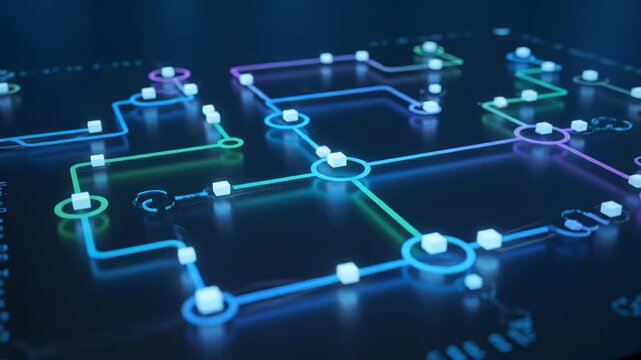 Automation pipeline diagram looping with smooth digital transitions glowing blue and green dark background showcasing futuristic technology network connection data flow system circuit glowing - Powered by Adobe
