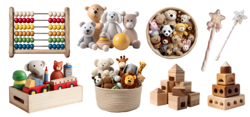 Set of children baby toddler toys accessories. Many different design, basket crate, fairy wand, abacus, animal, box, build cube, vehicle, train, isolated on transparent cutout PNG. Mockup template	
