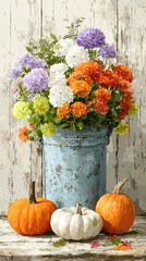 Colorful flower arrangement with pumpkins in a rustic setting during autumn
