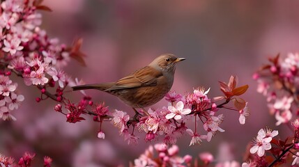 A small dunnock bird perched on a branch of a blossoming tree with pink flowers in the springtime season