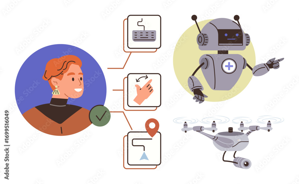 Poster portrait of a person alongside a robot, quadcopter, and flow diagrams. ideal for technology, ai appl