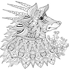Animal illustration coloring book, flower pattern, exotic ethnic traditional ornament, creative decoration, cartoon outline hand drawing.