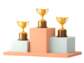 Winner podium with gold trophy cup. Award pedestal for first, second, third place. Champions platform of competition for victory ceremony. Cartoon 3d illustration.