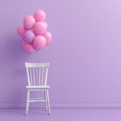 Outstanding white chair with floating pink balloons in violet pastel background room studio. minimal idea creative concept.
