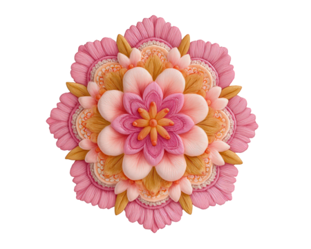 Pink mandala design with layered petals, intricate floral patterns, and soft pastel colors, creating harmonious and calming decorative artwork for meditation or relaxation spaces