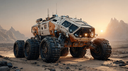 Fototapeta premium Futuristic Mars exploration rover traverses rocky Martian terrain at sunset, showcasing advanced technology