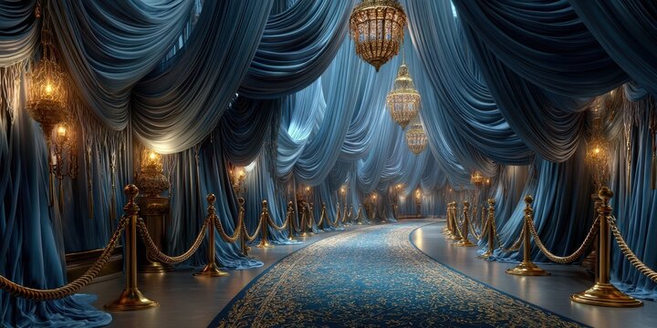 Elegant ballroom interior with flowing drapes and golden chandeliers for a lavish event in the evening