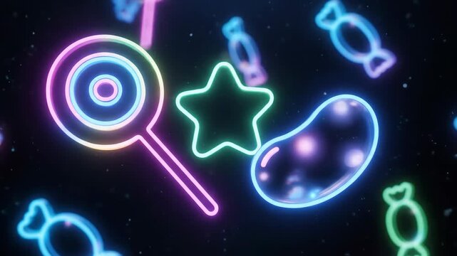 Colorful neon candy icons floating seamless loop animation with glowing lollipop, star, jellybean, and sweet wrapped sweets creating vibrant playful mood glowing colorful seamless floating neon candy