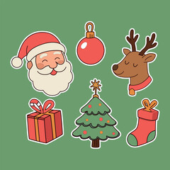 Cute Flat Christmas Icons Set Featuring Santa, Reindeer, Tree, Gifts, and Festive Elements