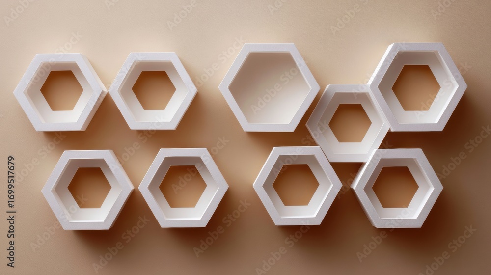 Poster decorative hexagonal shelves arranged in a modern display against a neutral background in a well-lit
