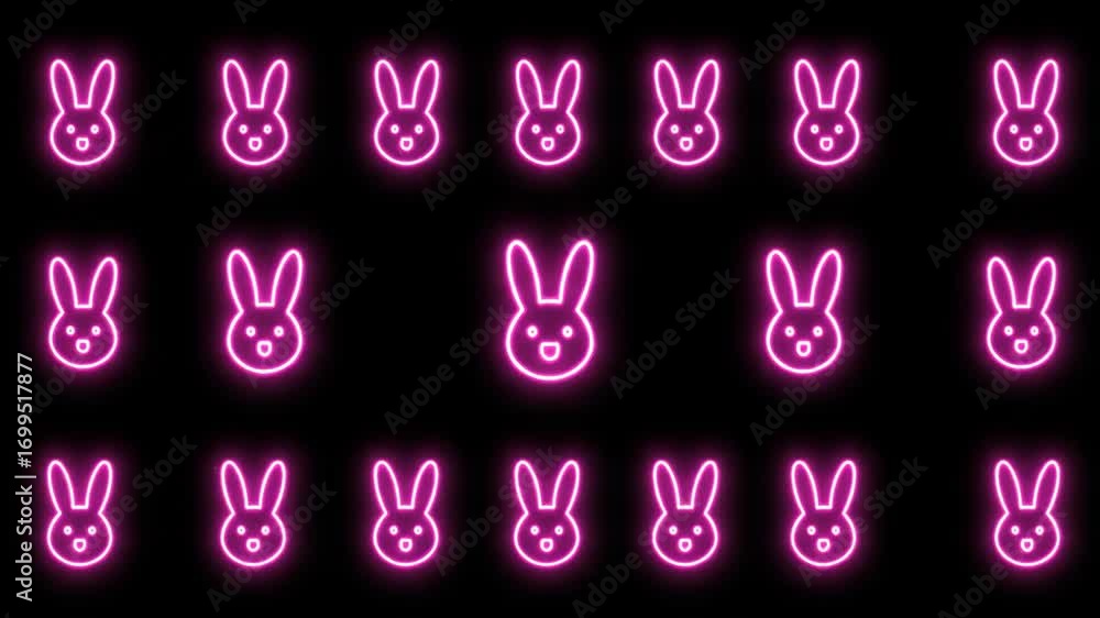 Poster cute neon bunny face icon blinking seamless loop with bright pink glow and glowing pink lines on bla