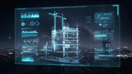Building under construction with overlaid digital interface and cityscape in the background - Powered by Adobe