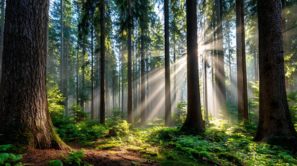 Obraz premium Sunlight Filters Through Tall Trees in a Serene Forest During Early Morning Hours