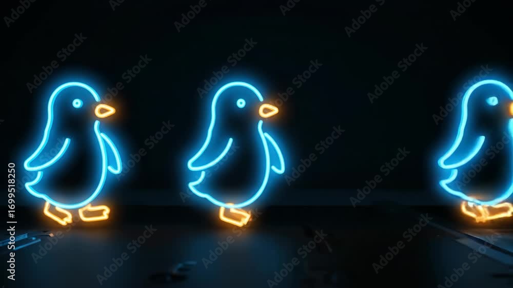 Poster cute neon penguin icon glowing in blue and orange light on dark background with seamless loop animat