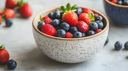 A speckled ceramic bowl filled with ripe strawberries and blueberries rests beautifully on a gray countertop.