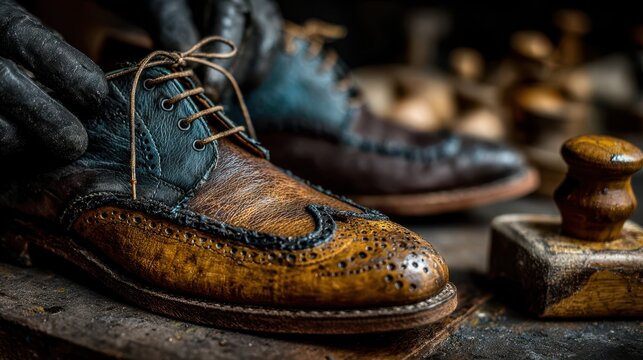 Craftsmanship in shoemaking showcased with intricately designed leather shoes being handcrafted in a workshop