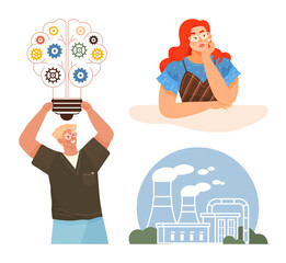 Man holding a bulb with gears symbolizing creativity, woman in thoughtful pose, and factory landscape. Ideal for creativity, innovation, strategy, energy, brainstorming, development sustainability