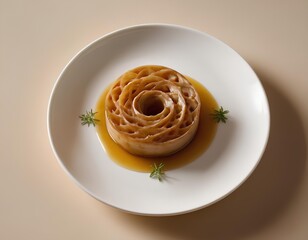 Caramel Flan with Swirl Pattern and Fresh Herb Garnish