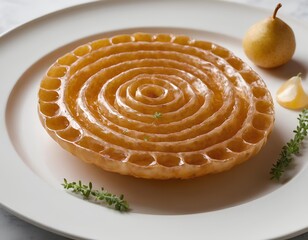 Caramel Flan with Swirl Pattern and Fresh Herb Garnish