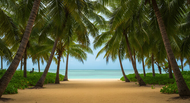 Palm Tree Tunnel Opening to a Serene Tropical Beach and Ocean