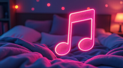 A glowing pink music note floats above a bed with soft blankets, symbolizing music, relaxation, and personal entertainment in a cozy, intimate bedroom setting
