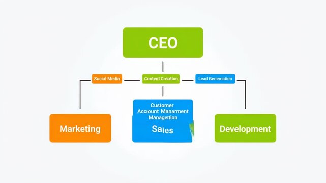 Organizational chart with CEO overseeing marketing, sales, and development departments featuring color coded sections for social media, content creation, and lead generation clear, bright infographic