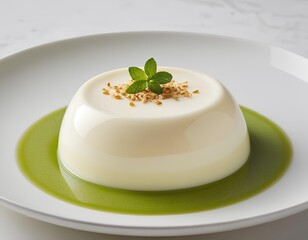 Creamy Panna Cotta with Matcha Sauce and Fresh Mint Leaf