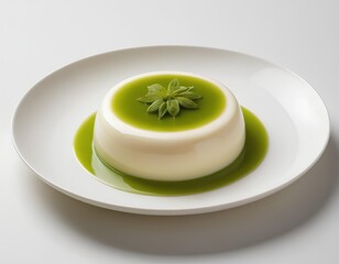Creamy Panna Cotta with Matcha Sauce and Fresh Mint Leaf