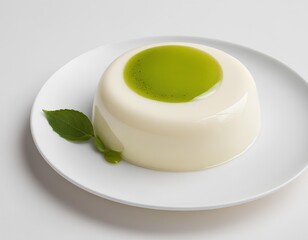Creamy Panna Cotta with Matcha Sauce and Fresh Mint Leaf