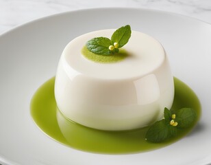 Creamy Panna Cotta with Matcha Sauce and Fresh Mint Leaf